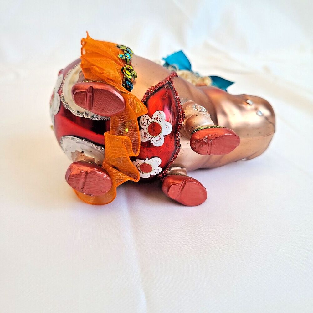 Hippo Ballerina Mercury Glass Christmas Ornament Hand Blown Sequin Glitter Tutu - Picture 11 of 13